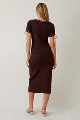 Brown Ribbed Knit Stitch Detail Midi Dress