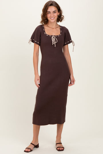 Brown Ribbed Knit Stitch Detail Midi Dress