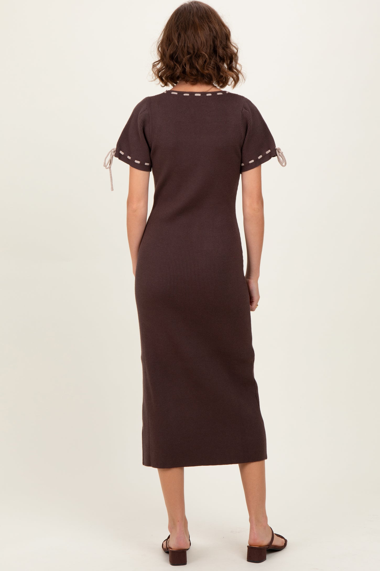 Brown Ribbed Knit Stitch Detail Midi Dress