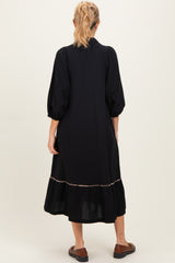 Black V-Neck Contrast Trim 3/4 Sleeve Maternity Midi Dress