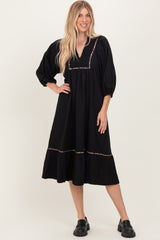 Black V-Neck Contrast Trim 3/4 Sleeve Maternity Midi Dress