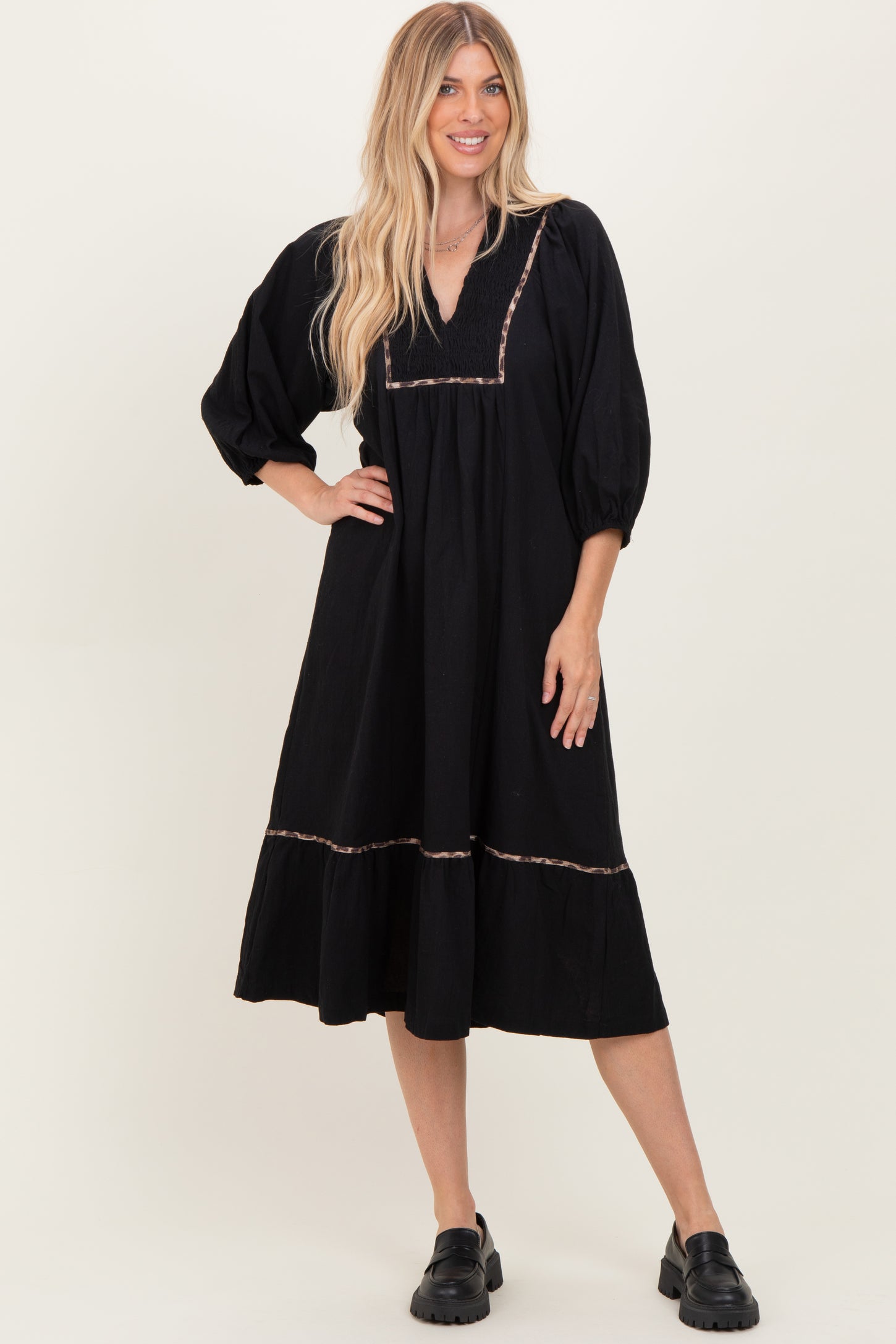 Black V-Neck Contrast Trim 3/4 Sleeve Midi Dress