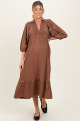 Brown V-Neck Contrast Trim 3/4 Sleeve Maternity Midi Dress