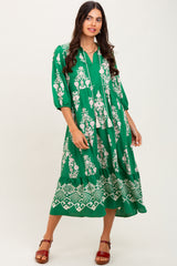 Green Damask Tassel Front Tie Tiered Midi Dress