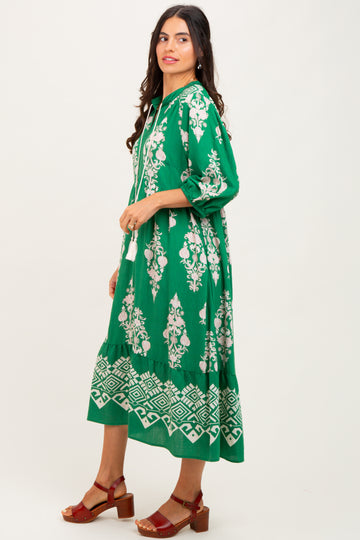 Green Damask Tassel Front Tie Tiered Midi Dress