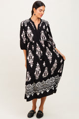 Black Damask Tassel Front Tie Tiered Midi Dress