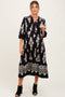 Black Damask Tassel Front Tie Tiered Maternity Midi Dress