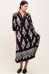 Black Damask Tassel Front Tie Tiered Maternity Midi Dress