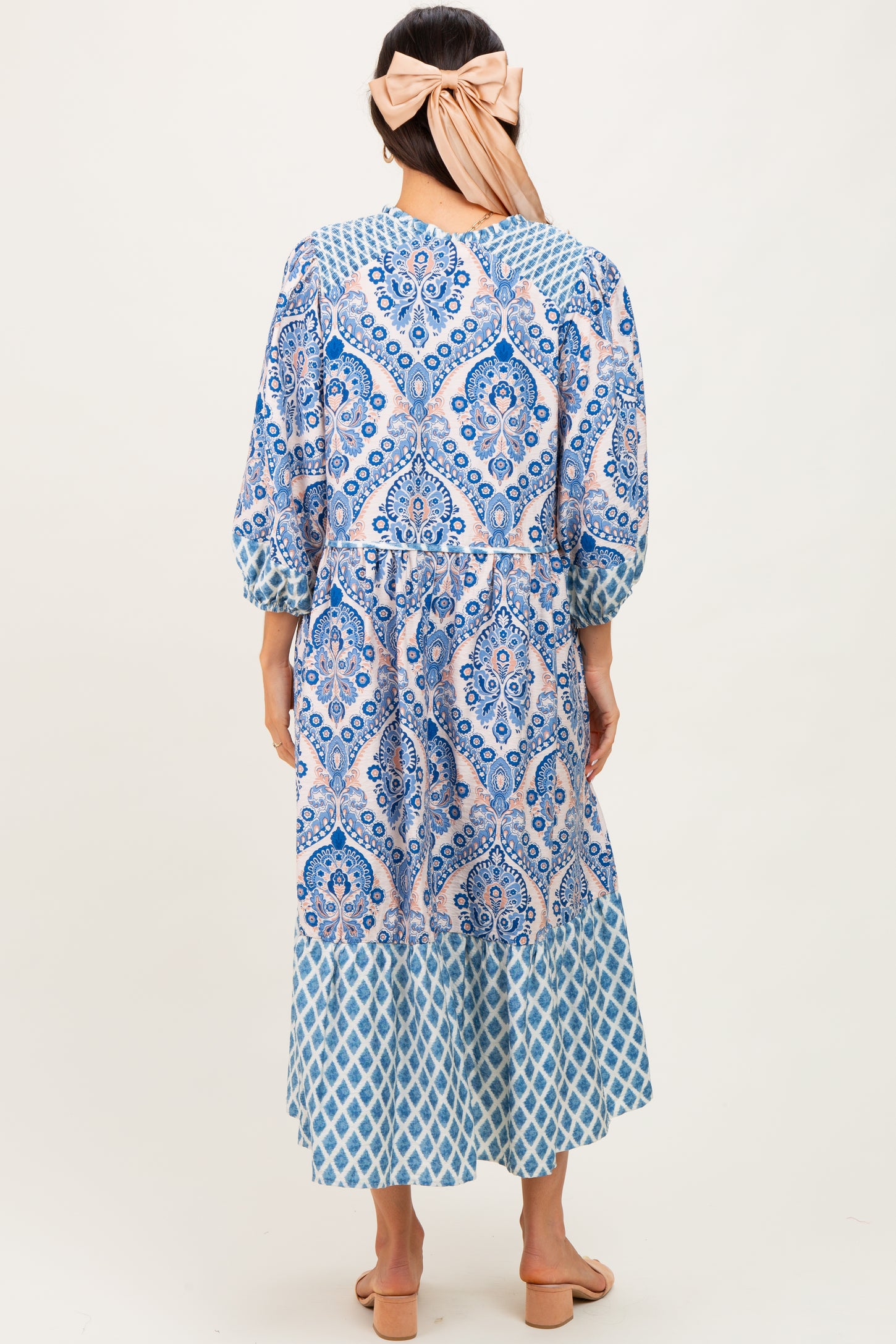 Blue Damask Tassel Front Tie 3/4 Sleeve Midi Dress