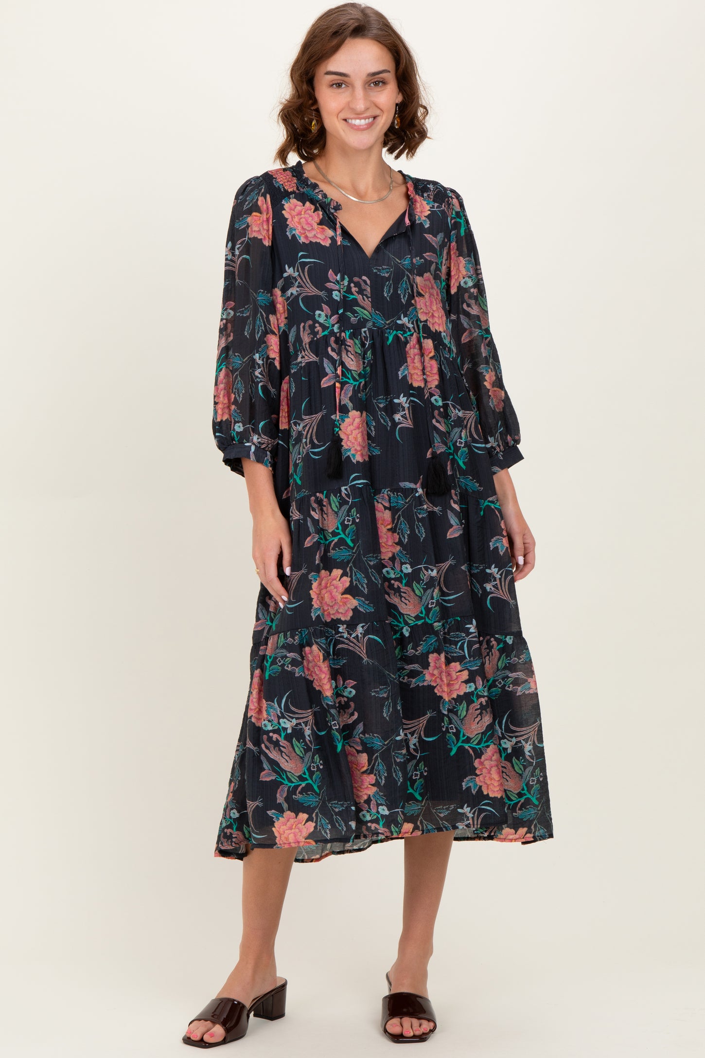 Black Floral Front Tie Tiered Midi Dress