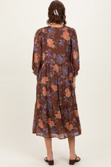 Brown Floral Front Tie Tiered Midi Dress
