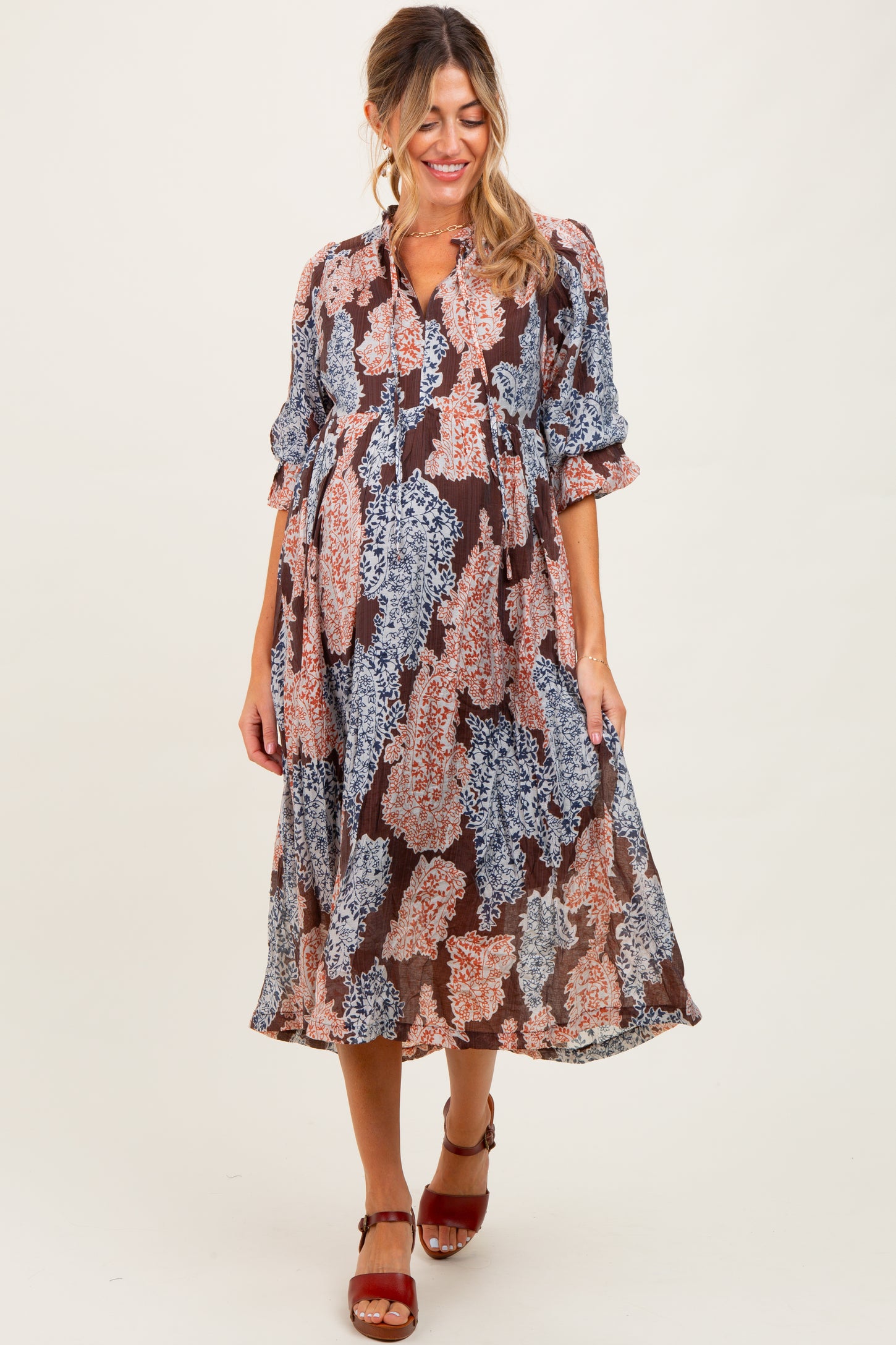 Brown Floral Chiffon Front Tie Maternity Midi Dress