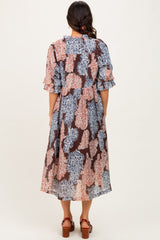 Brown Floral Chiffon Front Tie Midi Dress