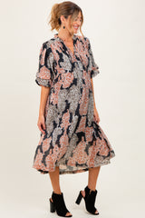 Black Floral Chiffon Front Tie Maternity Midi Dress