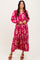 Magenta Damask Front Tie Smocked Waist Midi Dress