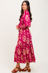 Magenta Damask Front Tie Smocked Waist Midi Dress