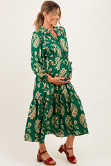 Green Damask Front Tie Smocked Waist Maternity Midi Dress
