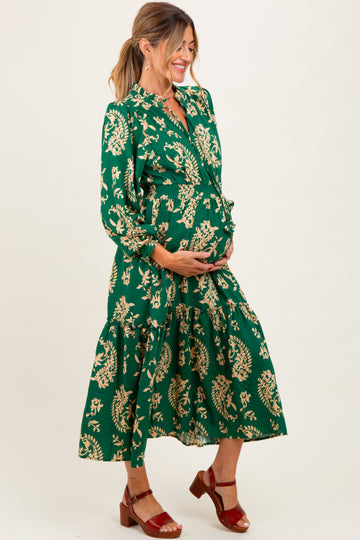 Green Damask Front Tie Smocked Waist Maternity Midi Dress