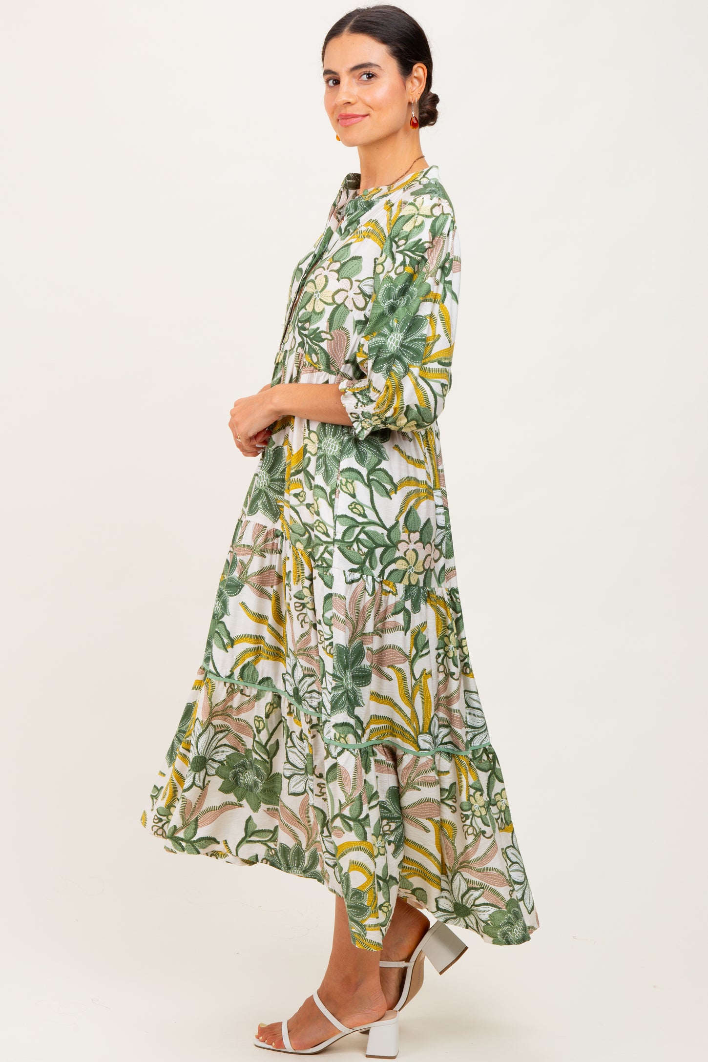 Green Floral Tiered Short Sleeve Midi Dress