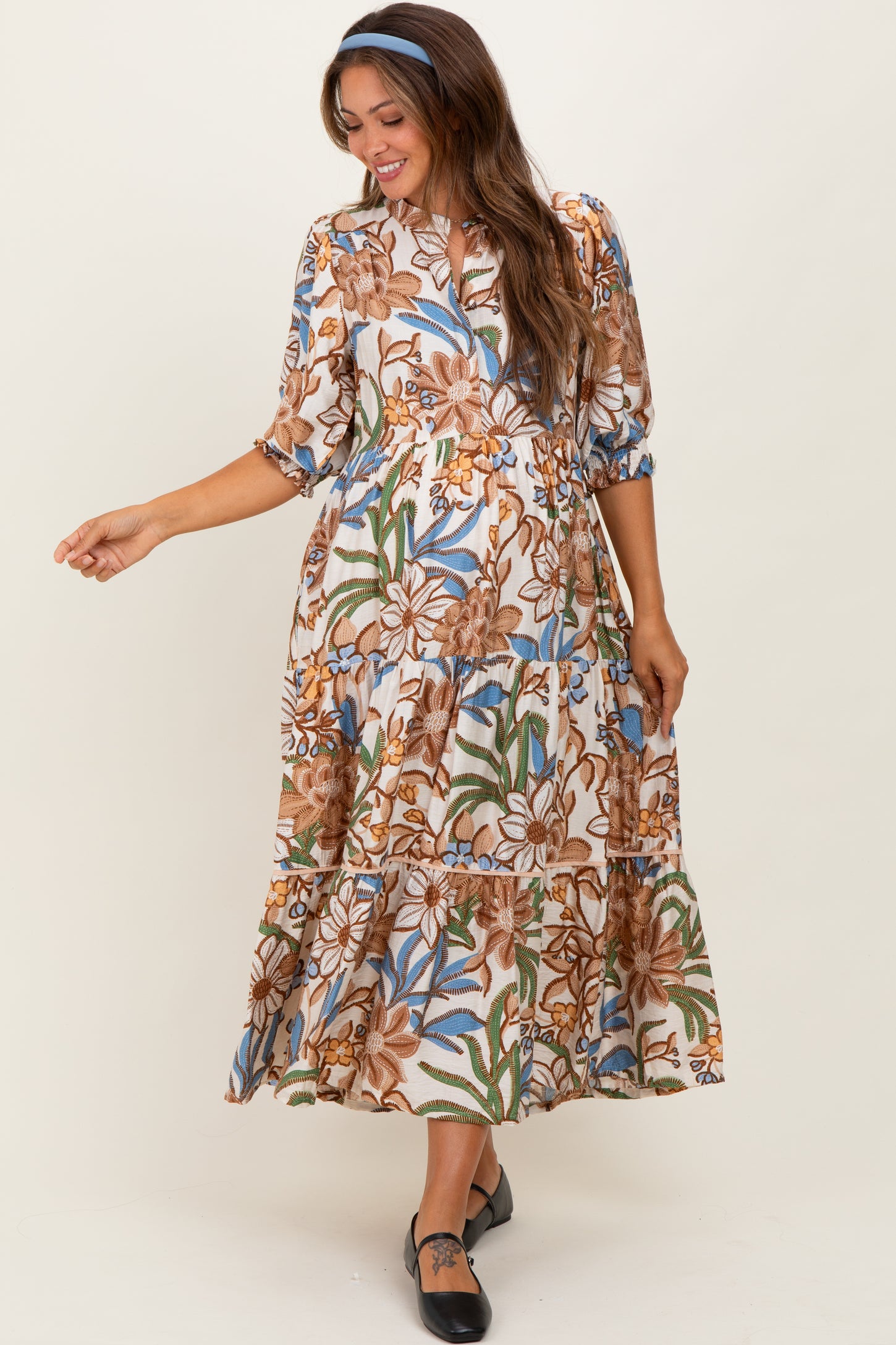 Beige Floral Tiered Short Sleeve Maternity Midi Dress