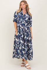 Navy Leaf Print Tiered Midi Dress