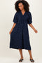Navy Jacquard Texture V-Neck Midi Dress