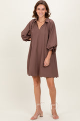 Brown Textured Collared 3/4 Puff Sleeve Dress