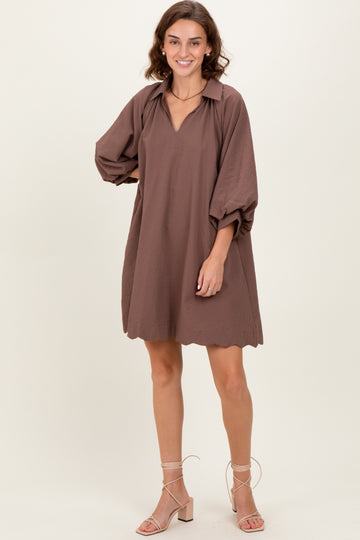Brown Textured Collared 3/4 Puff Sleeve Dress