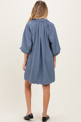 Blue Textured Collared 3/4 Puff Sleeve Maternity Dress
