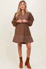 Brown Mixed Print V-Neck 3/4 Sleeve Maternity Dress