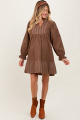 Brown Mixed Print V-Neck 3/4 Sleeve Maternity Dress