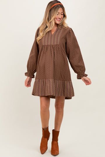 Brown Mixed Print V-Neck 3/4 Sleeve Maternity Dress