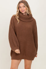Light Brown Turtleneck Puff Sleeve Sweater Dress