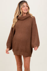 Light Brown Turtleneck Puff Sleeve Maternity Sweater Dress