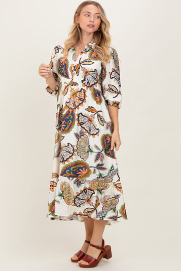 Cream Floral Collared 3/4 Sleeve Midi Dress