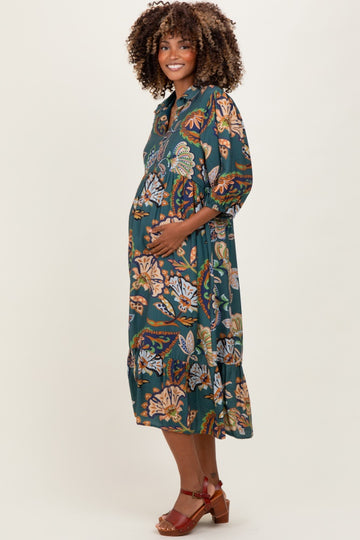 Teal Floral Collared 3/4 Sleeve Maternity Midi Dress