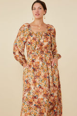 Cream Floral Fruit Smocked Waist Midi Dress