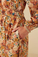 Cream Floral Fruit Smocked Waist Midi Dress