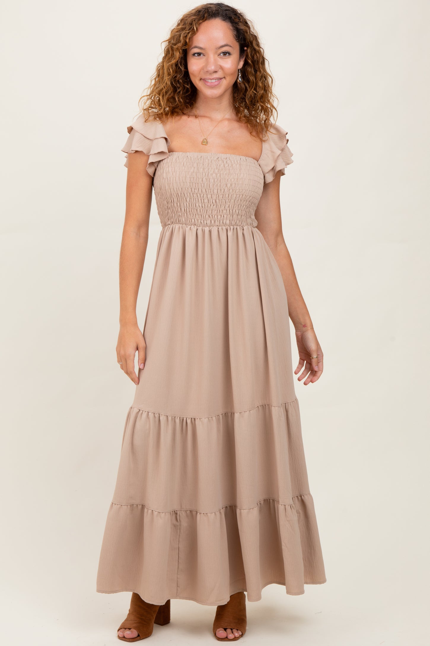 Beige Smocked Ruffle Off Shoulder Tiered Maxi Dress