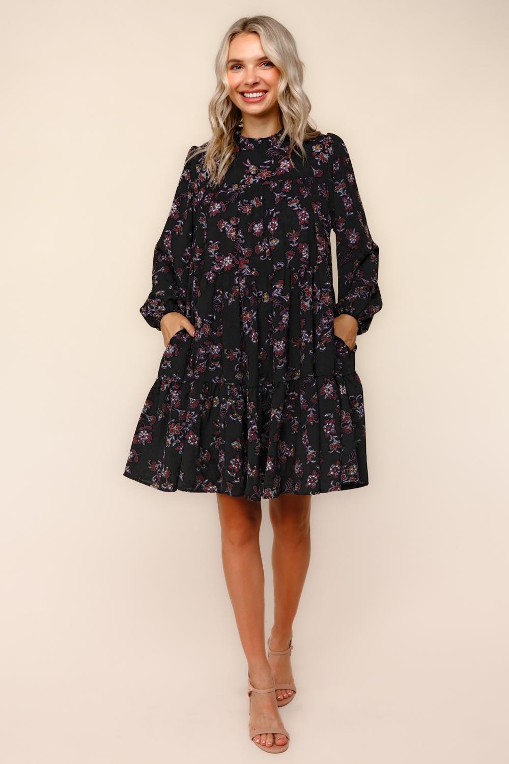 Black Floral Tiered Long Sleeve Dress