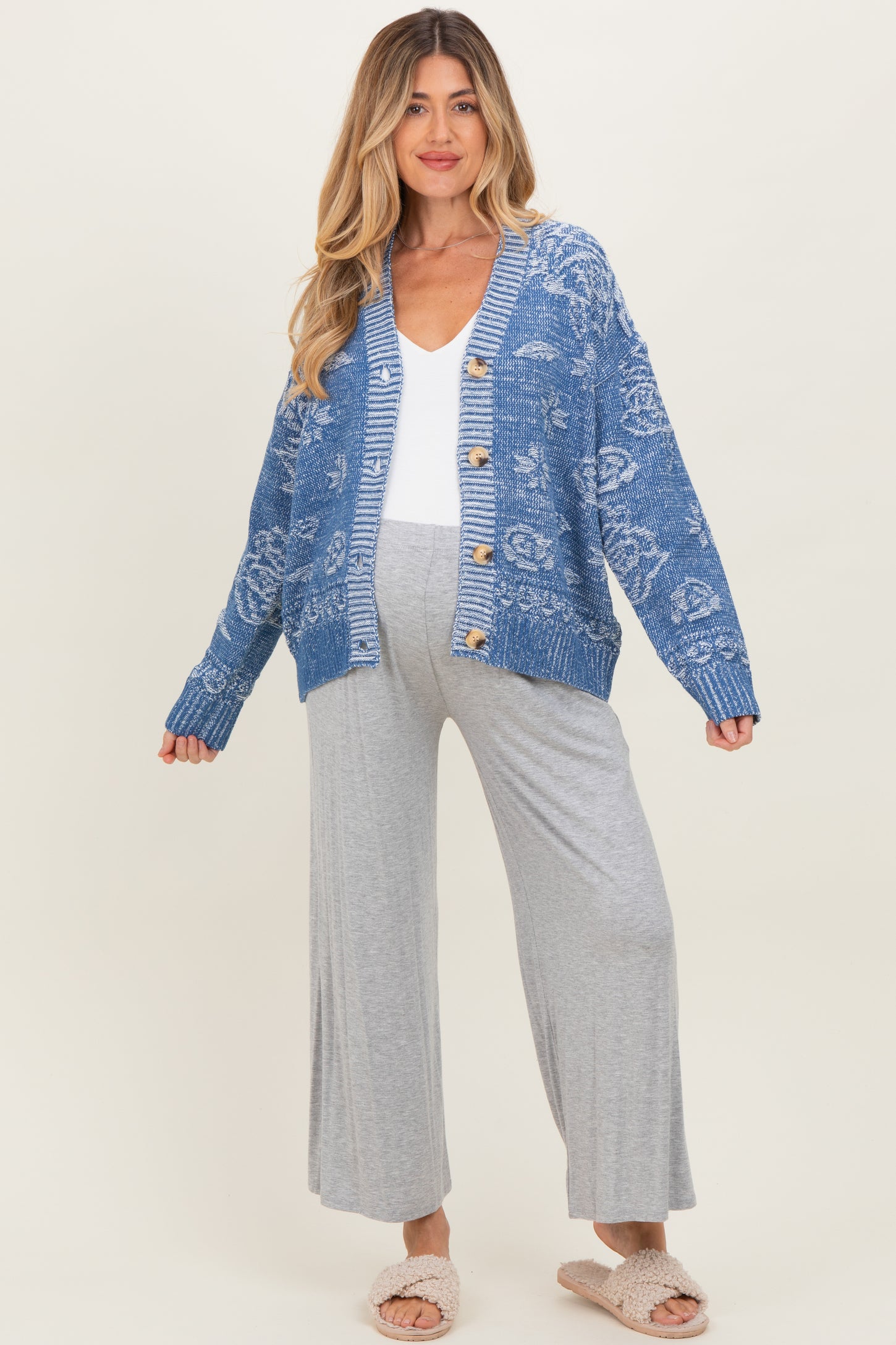 Blue Floral Knit Maternity Button Cardigan