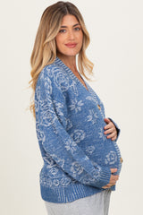 Blue Floral Knit Maternity Button Cardigan