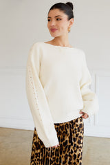 Cream Boat Neck Pointelle Detail Sweater