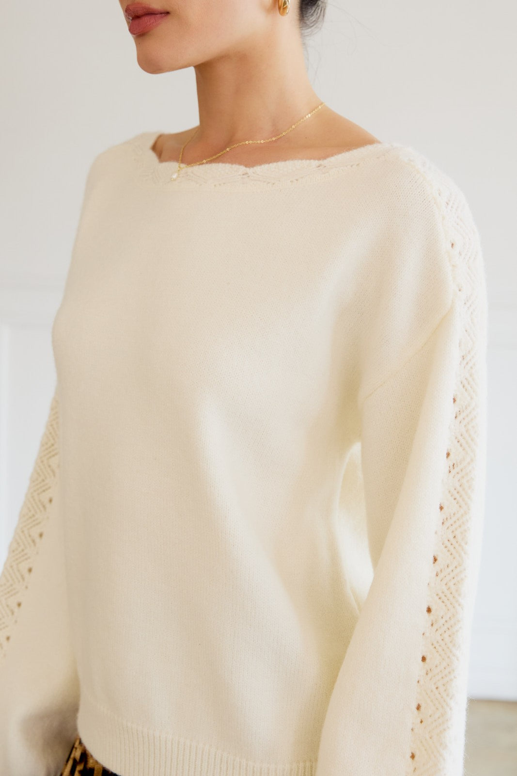 Cream Boat Neck Pointelle Detail Sweater