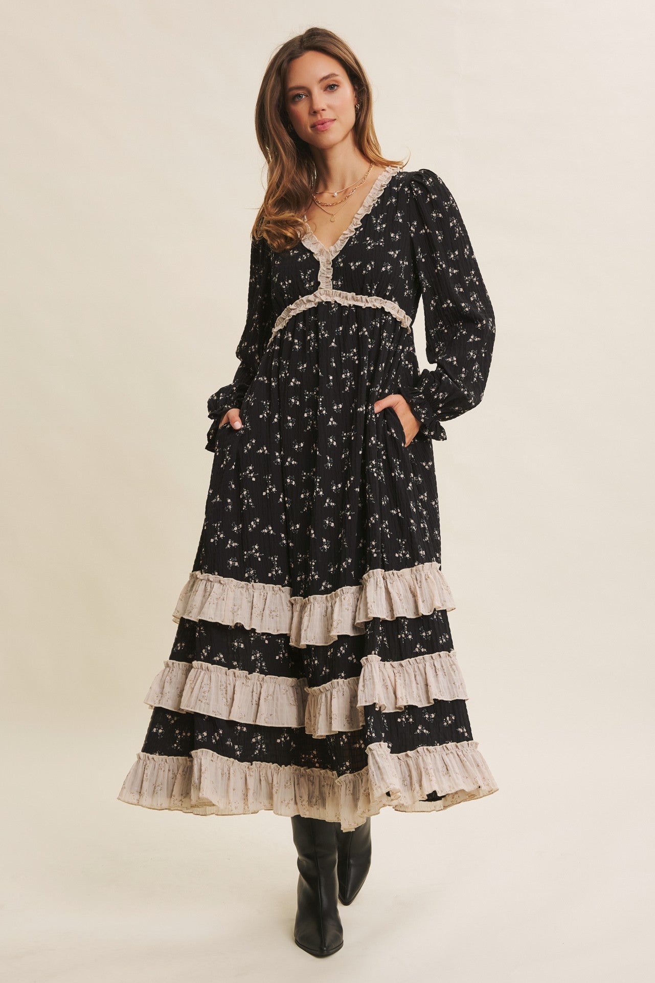 Black Floral Eyelet Lace Tiered Hem Maxi Dress