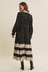 Black Floral Eyelet Lace Tiered Hem Maxi Dress
