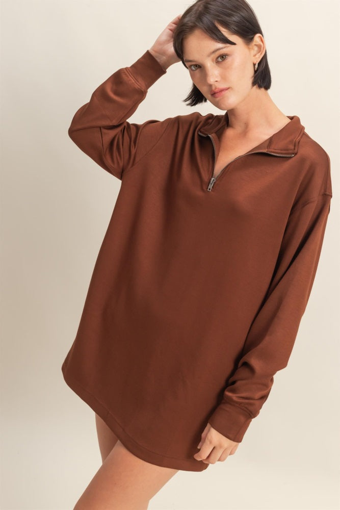 Brown Half Zip Long Sleeve Mini Dress