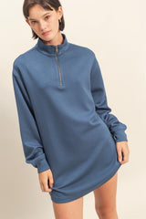 Light Navy Half Zip Long Sleeve Mini Dress