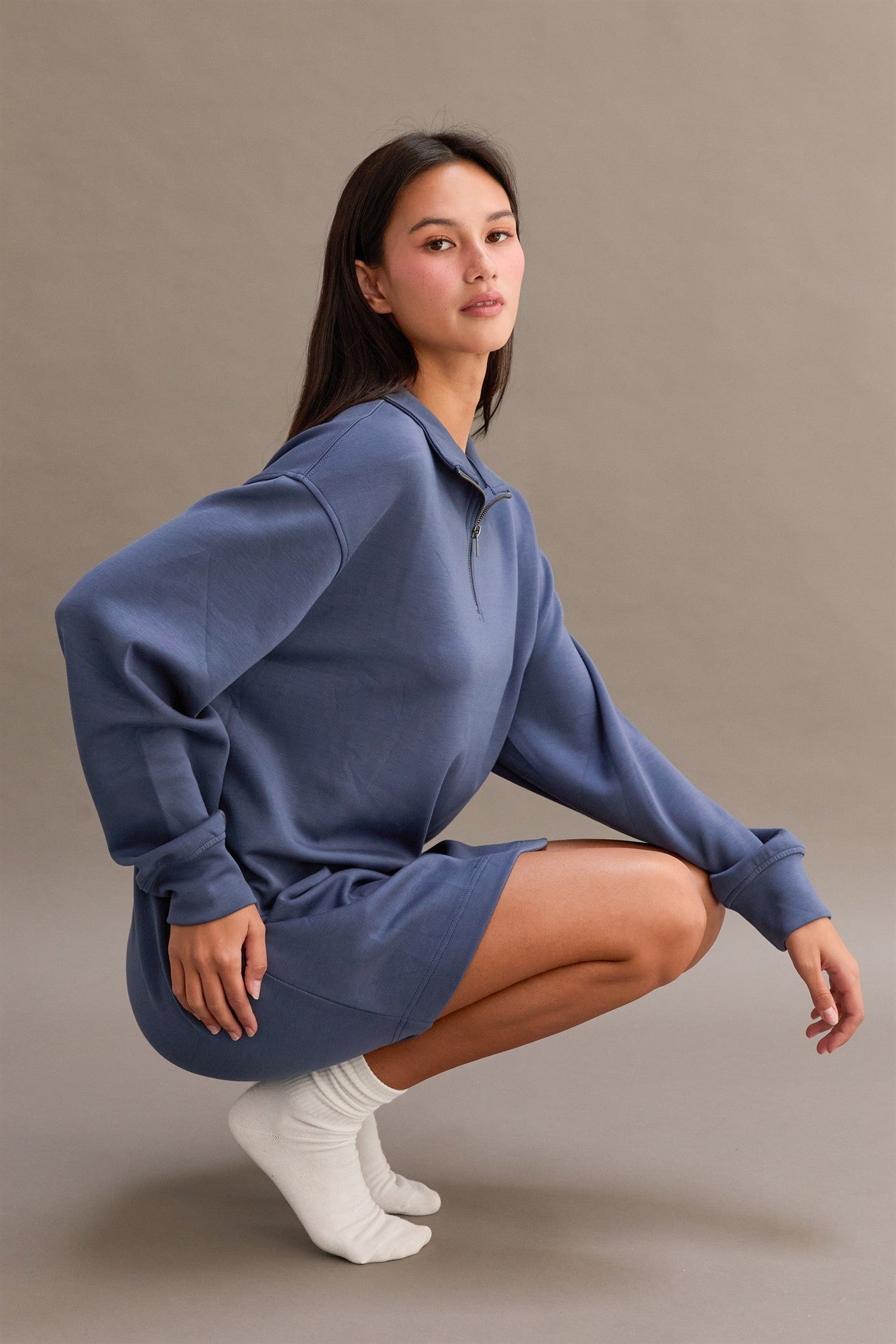 Light Navy Half Zip Long Sleeve Mini Dress