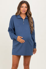 Light Navy Half Zip Long Sleeve Maternity Mini Dress